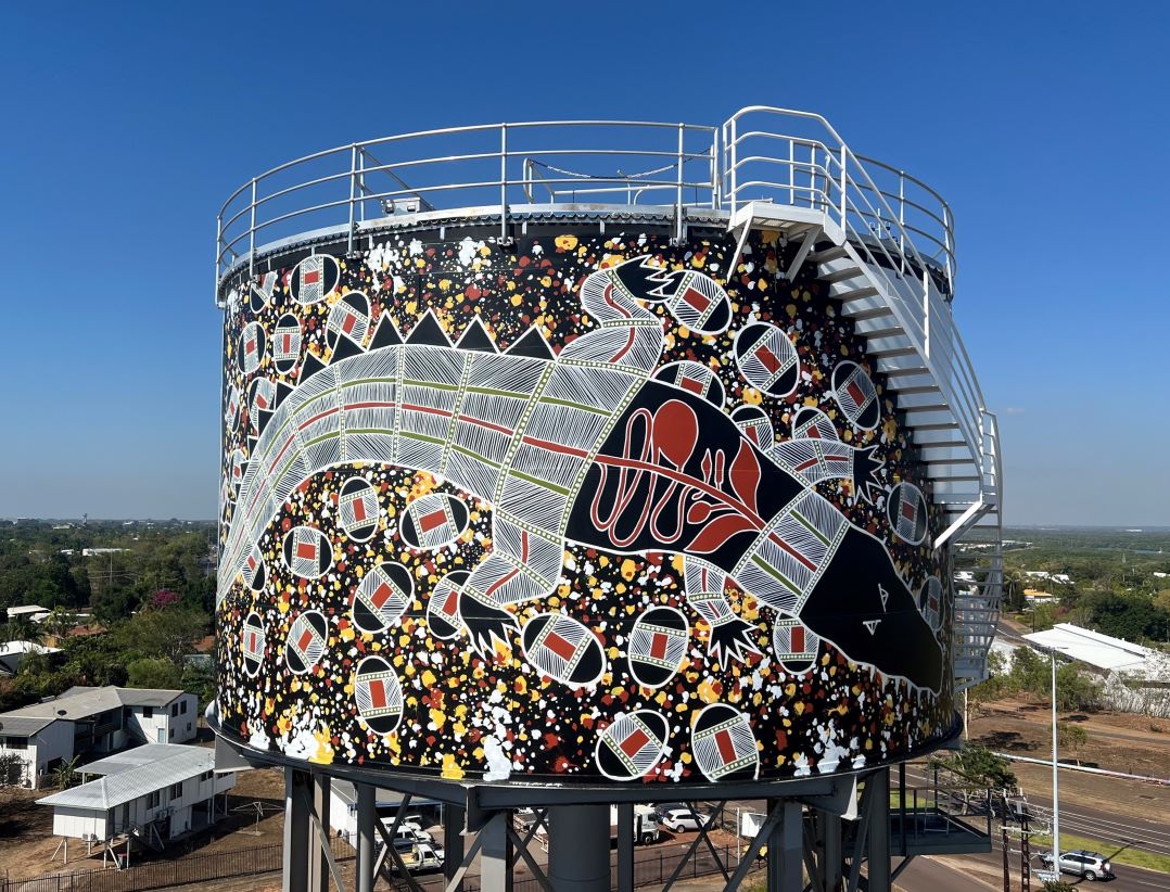 A large water tank featuring a vibrant mural of a crocodile, painted in an aboriginal art style with intricate patterns. The crocodile is surrounded by colorful, crocodile eggs in abstract circular shapes and dots against a black background, creating a dynamic, swirling effect.  The tank is equipped with a metal staircase and railing, and the scene is set against a clear blue sky, with residential buildings and green landscapes visible in the distance.