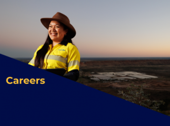 A Power and Water employee wearing a yellow and navy high-visibility uniform and a wide-brimmed hat smiles while holding a tablet, standing against a scenic background of open land and a setting sky.  The foreground features a dark blue triangular overlay with the text 